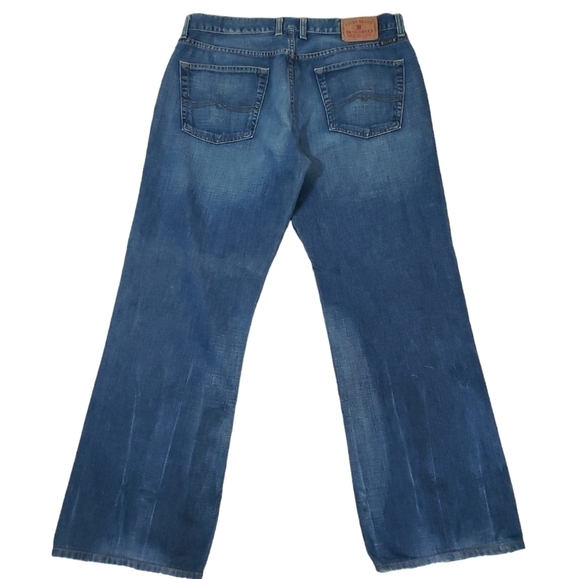 Lucky Brand~Men’s Size 36×30~Blue Denim Slim Bootleg Dungaress Jeans Distressed - Picture 3 of 11